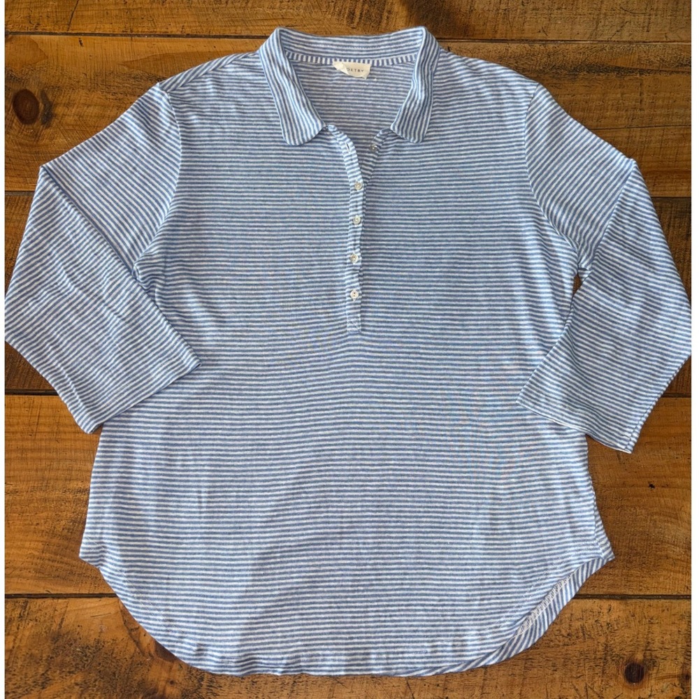 Poetry Womens Blue White Striped 3/4 Sleeve Collared 100% Linen Blouse Size 10